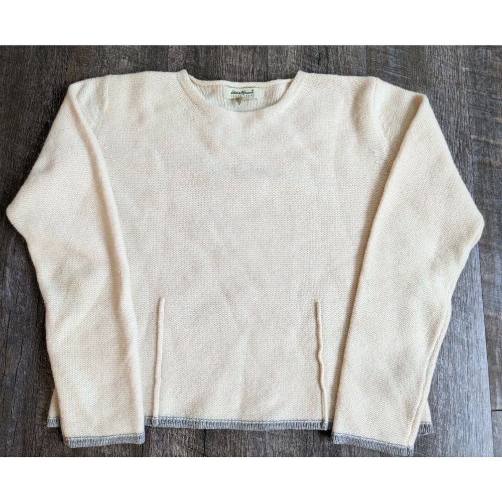 Eddie Bauer 100% Lambs Wool Soft Pullover Sweater Sz L Cream w/Grey Accents